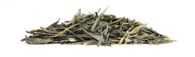 A pile of Sencha Fukujyu Japanese tea leaves