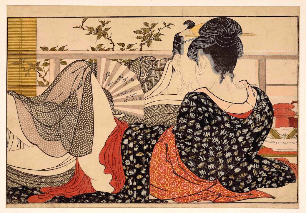 Japanese erotic art with a man and woman kissing