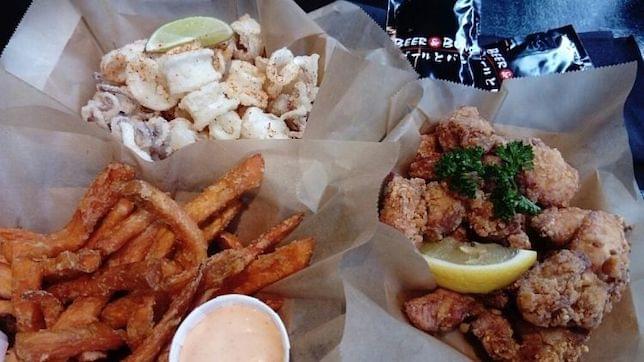 salt & pepper chilli squid, sweet potato fries w/ spicy mayo and chicken karaage