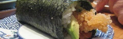 ‘Ebi fry’ (fried shrimp) with avocado hand roll on a plate