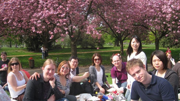 a group of people sitting in a park