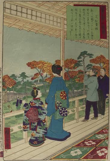 A Japanese print with 4 people looking out from a house