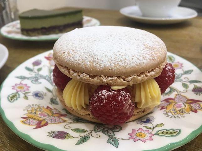 Some Japanese patisserie and a cup of tea on a table