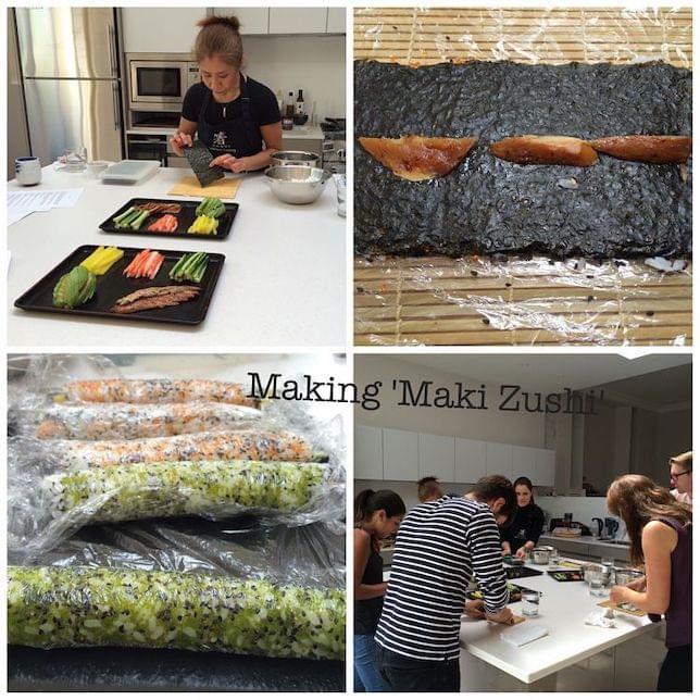 Some people preparing sushi in a cooking class