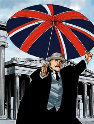 A cartoon man holding a Union Jack umbrella outside the British Museum