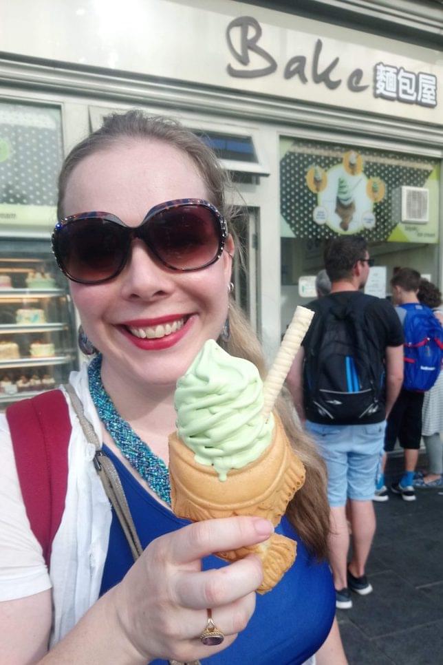 Vanessa holding an ice-cream outside Bake bakery in Chinatown