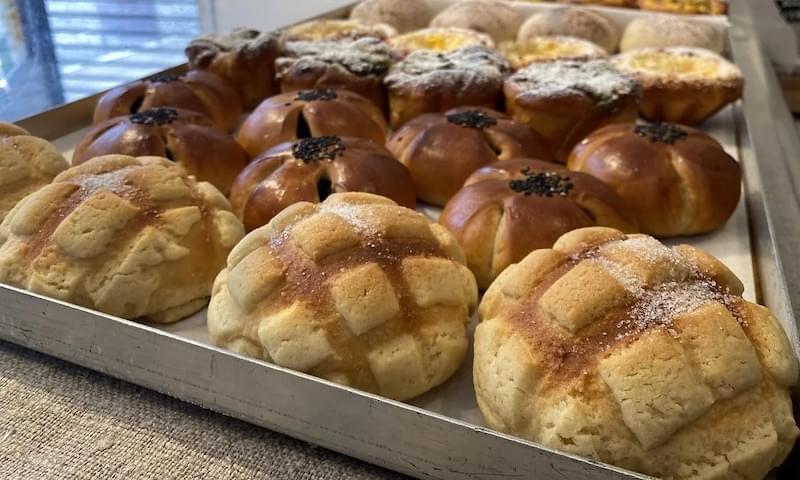 Japanese pastries on display in a bakery