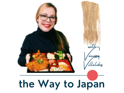 Vanessa holding a tray of Japanese food